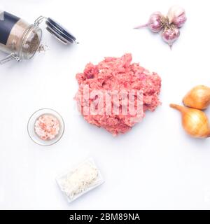 ingredients for cooking cutlets from minced meat, isolated on white, pepper, salt, onion, garlic. Top view. Close up Stock Photo