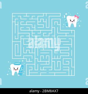 Cute tooth emoji and maze game vector flat illustration. Stock Vector