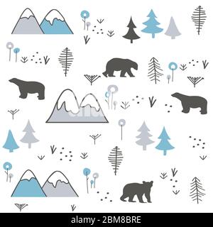 Polar bear, mountain and forest seamless pattern background. Winter pattern. Stock Vector