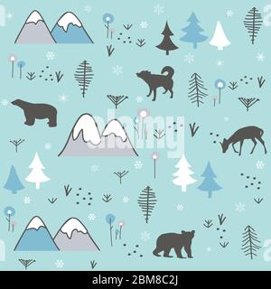 Polar bear, wolf, deer, mountain and forest seamless pattern background. Winter cold pattern. Stock Vector