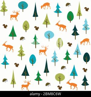 Vintage forest seamless pattern with floral, deer, squirrel and hedgehog Stock Vector
