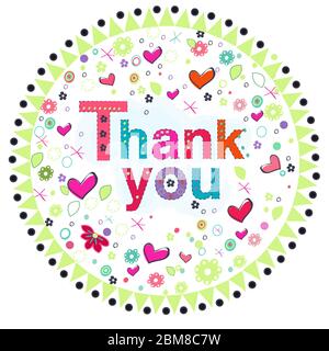Thank you greeting card with colorful flowers and hearts Stock Vector