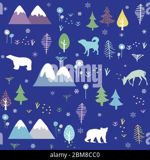 Polar bear, wolf, deer, mountain and forest pattern background. Winter cold pattern. Stock Vector