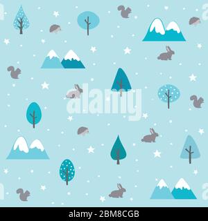 Vintage forest seamless pattern with floral, rabbit, squirrel and hedgehog. Winter cold pattern. Stock Vector