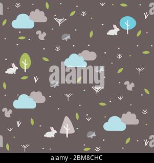 Vintage forest seamless pattern with floral, rabbit, squirrel and hedgehog Stock Vector