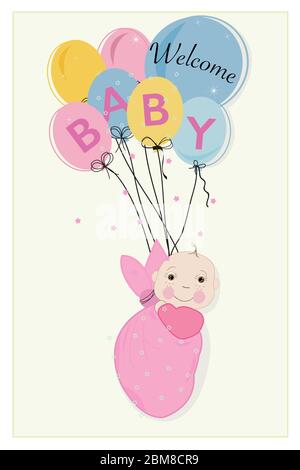 Hanging swaddle baby girl arrival card with balloons vector Stock Vector