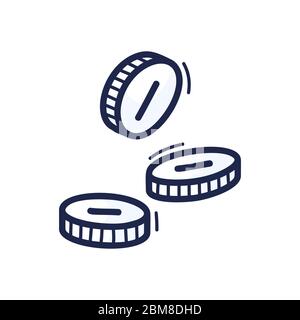Coins doodle icon. Vector illustration of a coin, money falling from above Hand drawn. Stock Vector