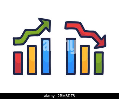 Set of charts with growth and down. Economic crisis because of coronavirus pandemic. Doodle vector illustration Stock Vector