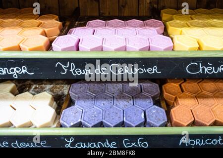 Colorful soaps for sell in a traditional shop, Marseille, France Stock Photo