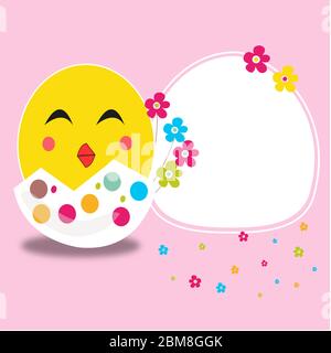 Happy easter cracked egg and smiling chick card vector Stock Vector