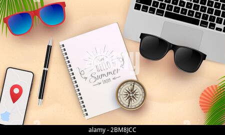 Beautiful summer vacation background. Top view on seashells, sun glasses, smartphone, notebook and sea sand. Vector illustration. Stock Vector