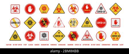 Set of coronavirus covid-19 quarantine biohazard warning and prohibition signs. Black, red and yellow design. Epidemic and Pandemic Warning. Various s Stock Vector