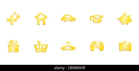 Monthly expenses gold icons set on white background. Financial plan symbols. Money payment signs. Vector Budget icon. Health house car education savings gift goods shopping leisure travel. Stock Vector