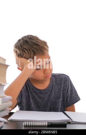 Schoolboy sitting among pile of books, textbooks, school exercise books on his desk and doing homework. Stock Photo