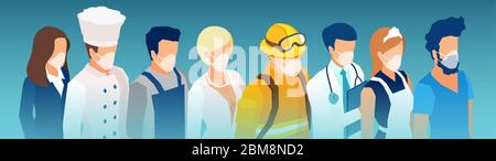 Vector of a group of people of different occupations wearing face masks and standing together Stock Vector