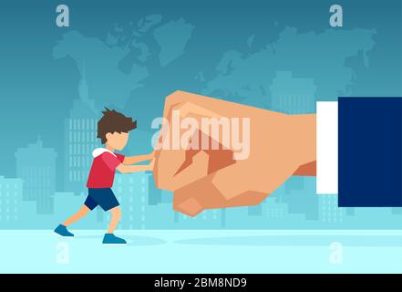 Child abuse, bullying and harassment concept. Vector of a small boy fighting back a giant fist, protecting himself from domestic violence Stock Vector