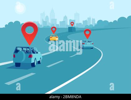 Vector of cars and trucks driving on a highway with geo location signs. Concept of navigation and direction. Stock Vector