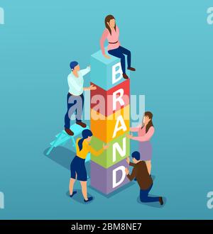 Vector of business people building a brand word from cubic blocks Stock Vector