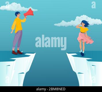 Vector of a young man standing at a cliff edge screaming in megaphone to a woman on the other side Stock Vector