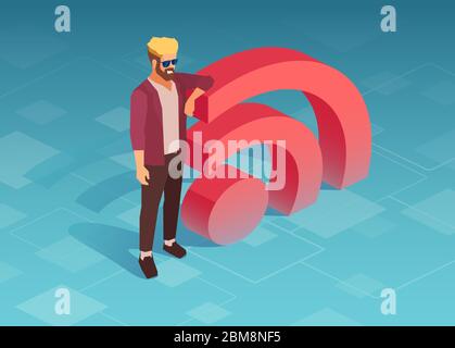 Vector of a hipster man standing by 3d rss symbol Stock Vector