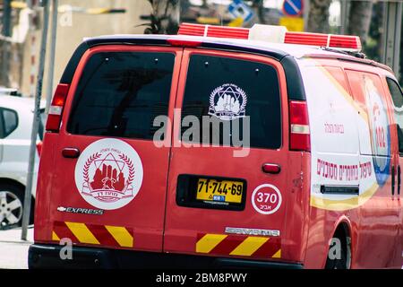 Tel Aviv Israel June 07, 2019 View of a fire engine rolling in the streets of Tel Aviv in the afternoon Stock Photo