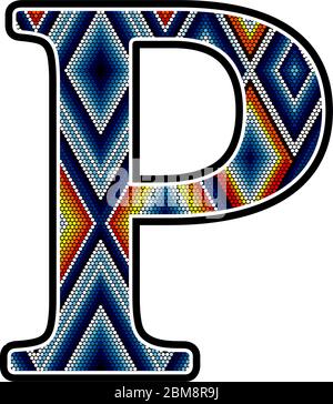 initial capital letter P with colorful dots abstract design inspired in mexican huichol art style. Isolated on white background Stock Vector