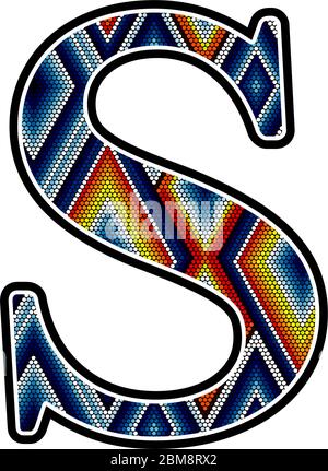 initial capital letter S with colorful dots abstract design inspired in mexican huichol art style. Isolated on white background Stock Vector