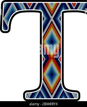 initial capital letter T with colorful dots abstract design inspired in mexican huichol art style. Isolated on white background Stock Vector
