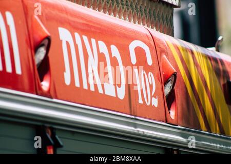 Tel Aviv Israel June 07, 2019 View of a fire engine rolling in the streets of Tel Aviv in the afternoon Stock Photo