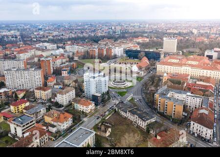 Beautiful cloudy sunset over Union Square - Piata Unirii Timisoara. Aerial view from Timisoara taken by a professional drone Stock Photo