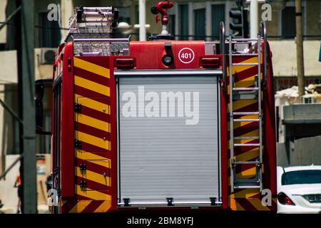 Tel Aviv Israel June 07, 2019 View of a fire engine rolling in the streets of Tel Aviv in the afternoon Stock Photo