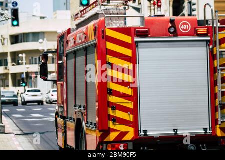 Tel Aviv Israel June 07, 2019 View of a fire engine rolling in the streets of Tel Aviv in the afternoon Stock Photo