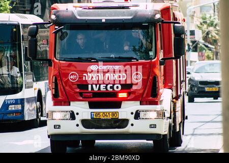 Tel Aviv Israel June 07, 2019 View of a fire engine rolling in the streets of Tel Aviv in the afternoon Stock Photo