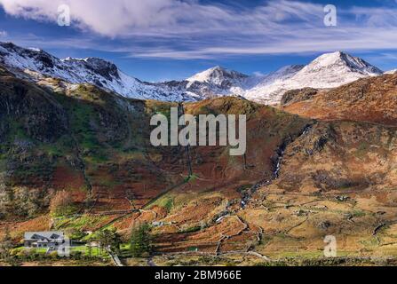 Snow Capped Mount Snowdon and Cwm Dyli viewed across Nant Gwynant, Snowdonia National Park, North Wales, UK Stock Photo