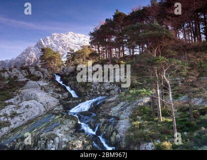 Rhaeadr Ogwen Waterfall and snow capped Tryfan, Nant Ffrancon, Snowdonia National Park, North Wales, UK Stock Photo