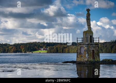 Statue of Lord Nelson backed by Plas Newydd, Menai Strait, Anglesey, North Wales, UK Stock Photo