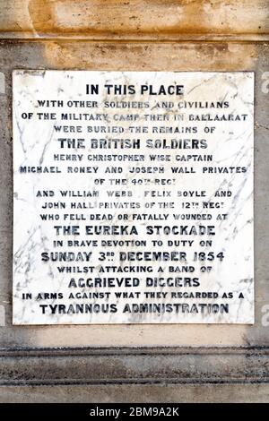Ballarat Australia /  Memorial plaque dedicated to British soldiers killed at the 1854 Eureka Stockade battle in Ballarat Victoria Australia. Stock Photo