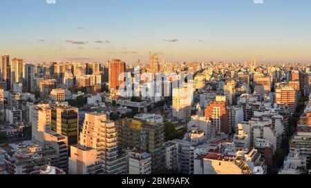 Evening view of Buenos Aires, capital of Argentina, seen from Belgrano neighborhood towards Puerto Madero on the horizon. High resolution Stock Photo