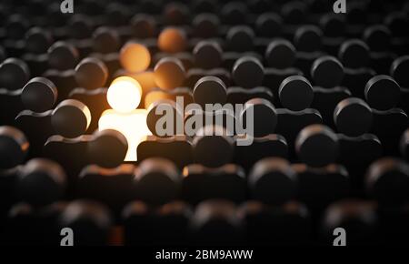 Be Standout 3D Concept, One Man Glowing Among Other People in Dark Condition Stock Photo