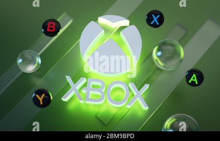 Xbox Series X Logo Glow Around Joystick Button on Green Background Stock Photo