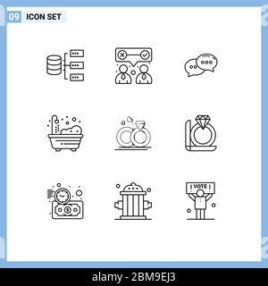 Pictogram Set of 9 Simple Outlines of wedding, ring, chat, shower, home Editable Vector Design Elements Stock Vector