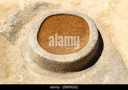 Close up of one out of two mirrors used for astronomical observation in the Temple of Mirrors, Machu Picchu, Cusco Province, Peru. Stock Photo