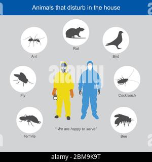 Animals that disturb in the house. Humans wearing Personal Protective Equipment and sample illustrate of animals that disturb in the house. Stock Vector