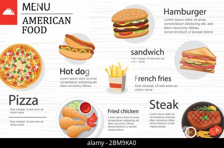 USA cuisine food menu, American dishes and meals traditional restaurant  lunch and dinner, vector poster. US American food menu of sandwich with  french Stock Vector Image & Art - Alamy