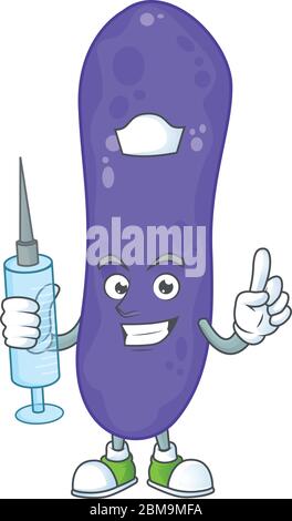Friendly Nurse escherichia coli mascot design style using syringe Stock Vector