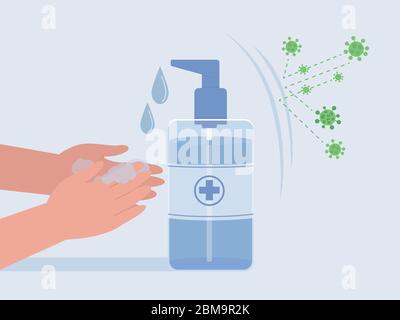 Cleansing hand with alcohol based hand sanitizer make virus reflection. Concept Illustration about virus protection. Stock Vector