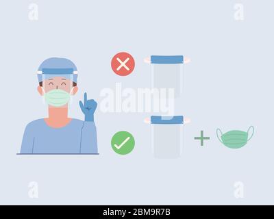 Doctor wearing a plastic face shield pair with surgical mask introduction correct and wrong way for using face shield. Wearing equipment to protect Stock Vector