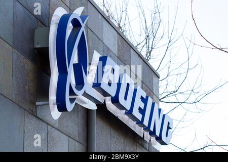 The Boeing sign at the Boeing Company's Silicon Valley office, housing Boeing HorizonX, Boeing NeXt & Aurora Flight Sciences, in Menlo Park California. Stock Photo