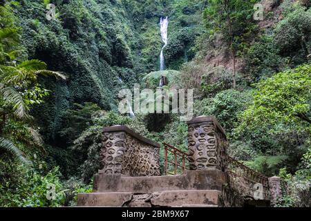 Stone bridge on path leading up the Madakaripura gorge in East Java, Indonesia. Stepp walls covered with tropical green plants; waterfall cascading do Stock Photo