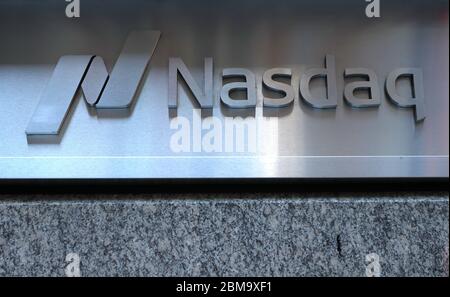Nasdaq logo is seen at their headquarters. Stock Photo